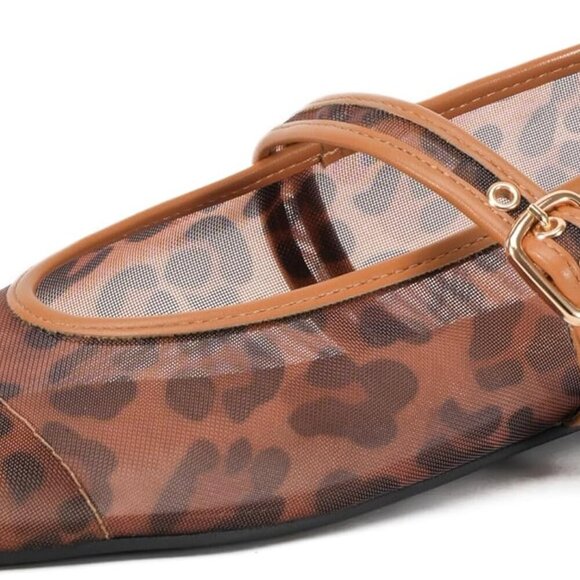 Shoes - Women's Leopard Print Mesh Ballet Flats Square Toe Buckle Shoes for Dress